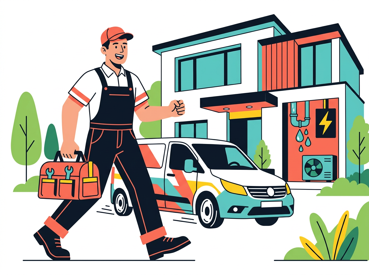 A technician strides toward a colorful home with tools as a Whitevan arrives for plumbing, HVAC and electrical help